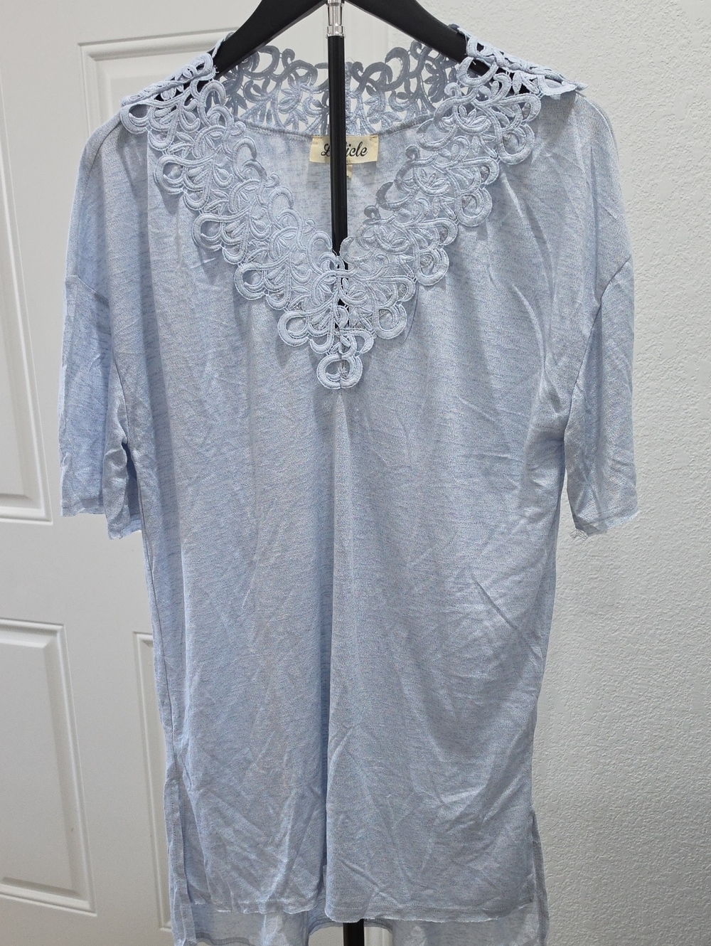 Listicle Light Blue Lace-Trim Short Sleeve Top